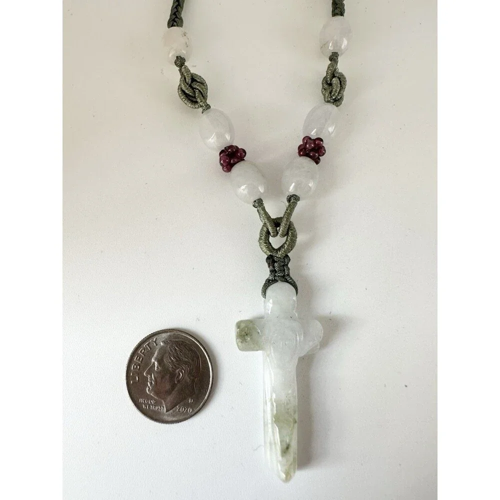 Natural Jade Carved Cross Necklace With Garnet Bead 26”